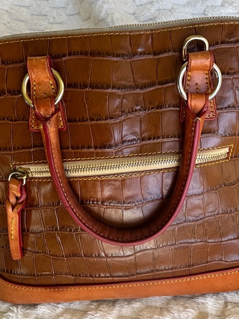 Dooney & Bourke Brown Croc Embossed Leather Dome Satchel Gold Hardware